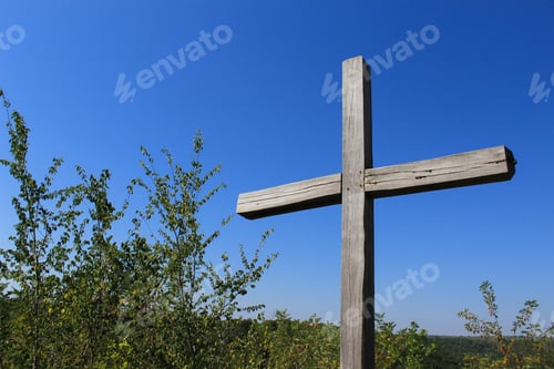Preview: Silhouettes Of Old Wooden Crosses In Contrasting Sunlight. A Pilgrimage Site On A Mountain In The