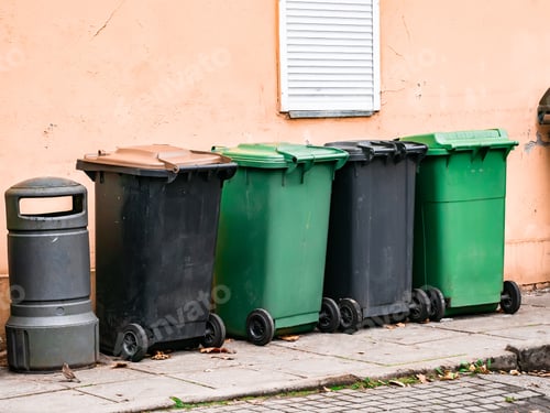 Preview: Several Garbage Cans Stand Near The Wall