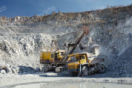 Preview: Limestone Mining In A Quarry, Excavator And Dump Truck During The Loading Of Mined Rock.