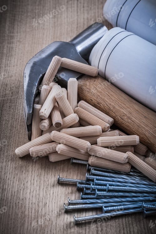 Preview: Blueprint Rolls Claw Hammer Dowel Pins And Stainless Construction Nails.