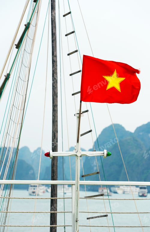 Preview: Vietnamese Flag On Ship Deck, Halong, Vietnam. Vertical