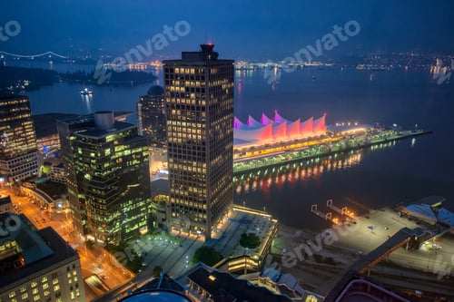 Preview: Vancouver Skyline With Canada Place At Night, Aerial View.