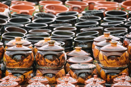 Preview: A Lot Of Earthenware Crockery On The Pottery Market