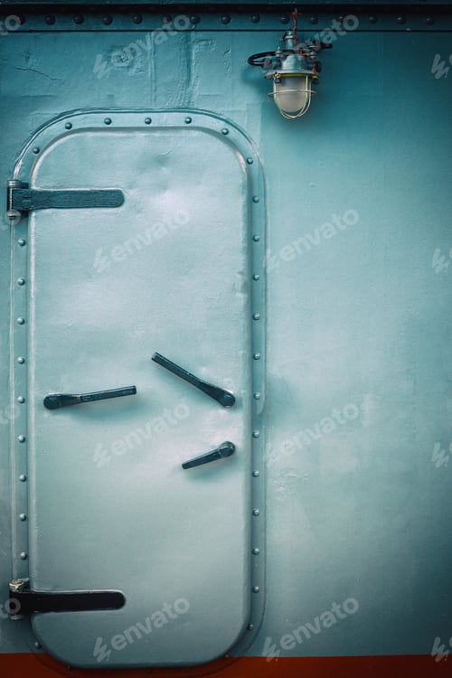 Preview: The Metal Entrance Blocked The Door On The Upper Deck Of The Old Military Steam Ship Of The Late