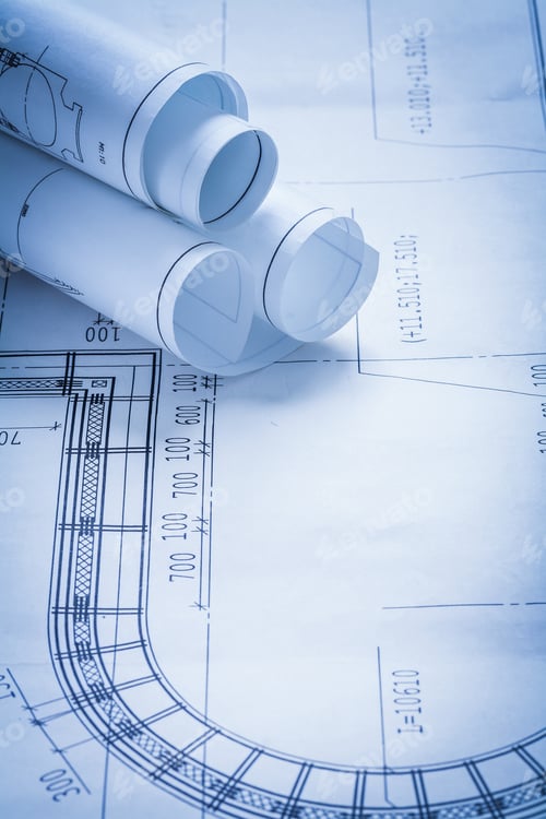 Preview: Rolled Up Construction Drawings Building And Architecture Concept