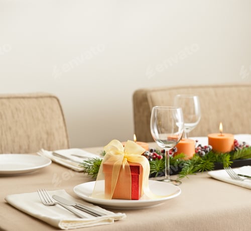 Preview: Christmas Dinner Table Setting With Orange Candles