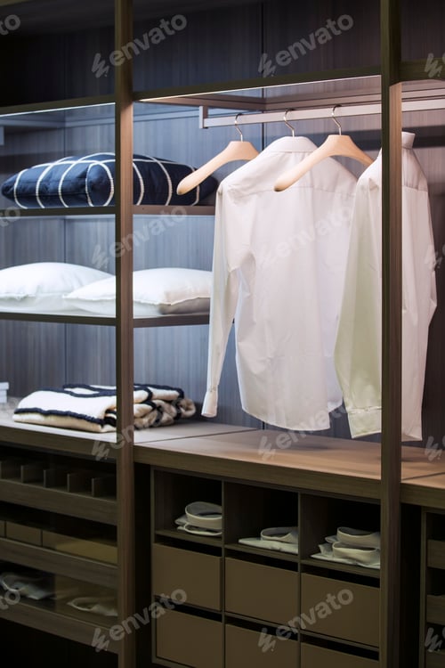 Preview: A Modern Wardrobe Room With Lighting, With Examples Of Shelves For Clothes In The Apartment.