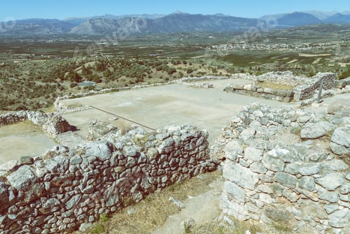Preview: Mycenae, View Of The Palace Building And The View Of The Valley Below. Mycenae Is An Archaeological