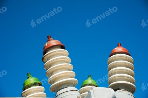 Preview: High Voltage Power Transformer Substation On Blue Sky Background