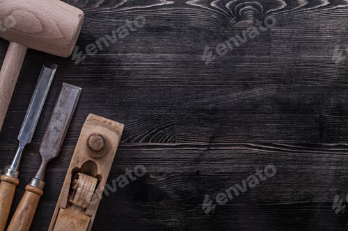 Preview: Firmer Chisels Wooden Mallet Shaving Plane Copyspace Construction Concept.
