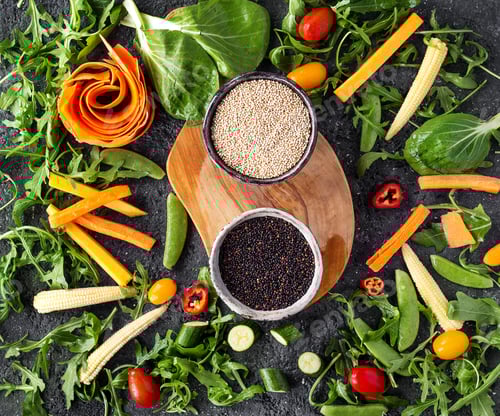 Preview: Quinoa With Various Vegetables: Peas, Cherry Tomatoes, Carrot, Rucola, Corn And Basil Over Stone