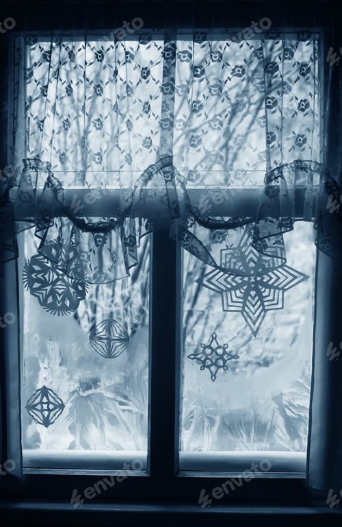Preview: Icy Pattern And Paper Snowflakes On Old Wooden Frozen Window.