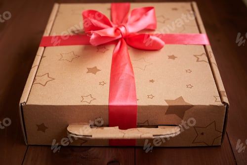 Preview: Gift Wrap With A Pink Ribbon On A Wooden Background