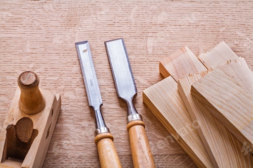 Preview: Two Chisels Old Woodworkers Plane And Wooden Planks