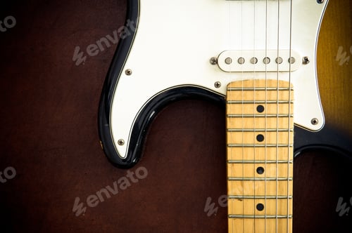 Preview: Guitar Body Part And Neck Detail On Wooden Background Vintage Look