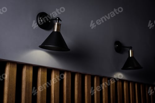 Preview: Industrial Pendant Black Lamps Against Wooden Wall.