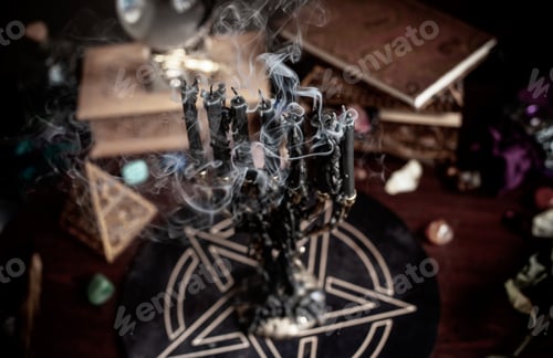 Preview: A Fortune Teller, Witch Stuff On A Table, Candles And Fortune-Telling Objects. The Concept Of