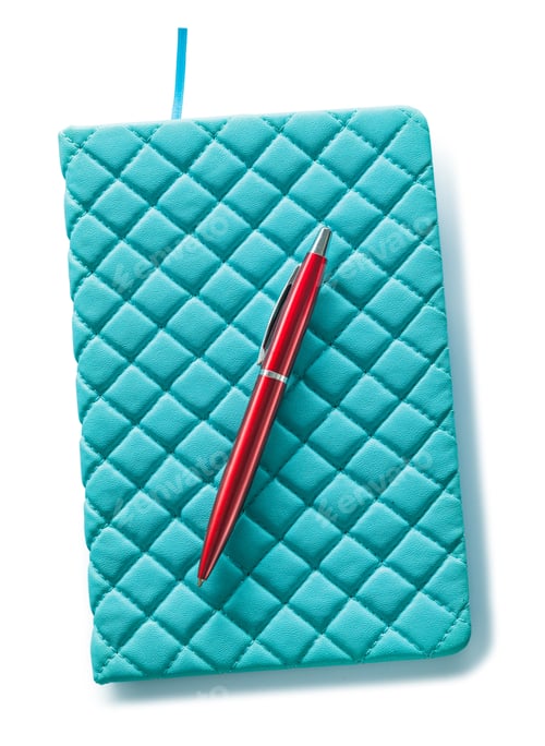 Preview: Blue Leather Notepad And Red Ballpoint Pen Isolated On White