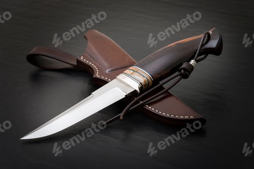 Preview: Hunting Knife Handmade On A Black Background. Leather Sheath Handmade
