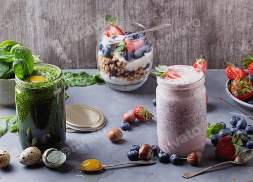 Preview: Green And Strawberry Smoothie With Berries, Egg Yolk And Spinach Leaves