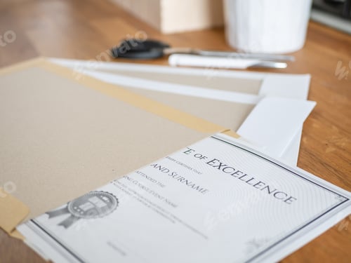 Preview: A Certificate In A Hard Paper Envelope Placed On The Desk In Office.
