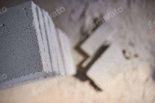 Preview: Construction Site On Which The Walls Are Built Of Gas Concrete Blocks And Saw.