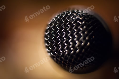 Preview: Microphone Head Extreme Close Up Out Of Focus Stage Lights In Background