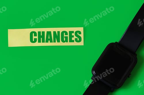 Preview: Sticker With The Inscription Or Text: " Changes" On A Green Background With A Smart Watch