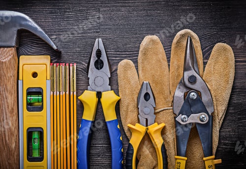 Preview: Safety Gloves Pliers Tin Snips Wooden Meter Construction Level Hammer.