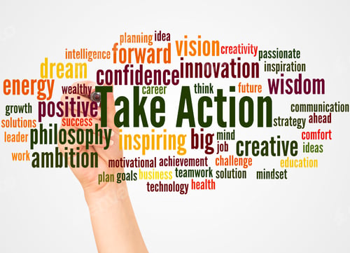 Preview: Take Action Word Cloud And Hand With Marker Concept On White Background.