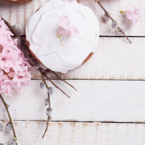 Preview: Easter Cake, Pink Hyacinth, Willow Branches On White Wooden Background. Easter Background
