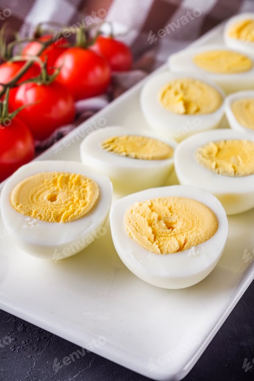 Preview: Boiled Chicken Eggs On A Dark Stone Background