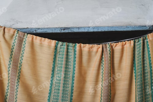 Preview: Close Up Of Embroidered Curtain On Old Vintage Furnace
