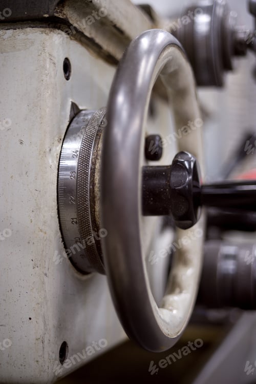Preview: Old Metal Working Machine, Retro Lathe On Background.
