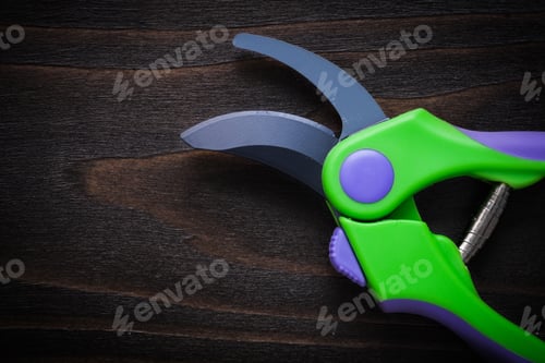 Preview: Metal Sharp Pruning Shears On Vintage Wooden Flat Surface Gardening Concept.