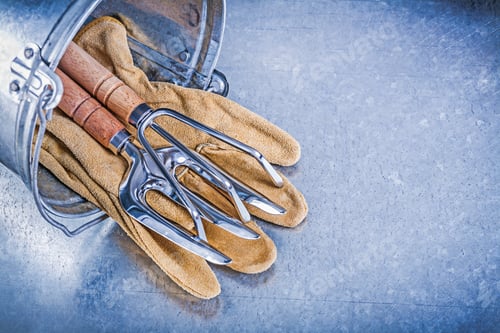 Preview: Galvanized Bucket Metal Rake Trowel Fork Leather Protective Gloves On Metallic Background Gardening