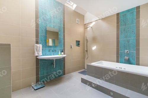 Visualização: Banheiro espaçoso, quarto limpo, bonito, luxuoso e luminoso