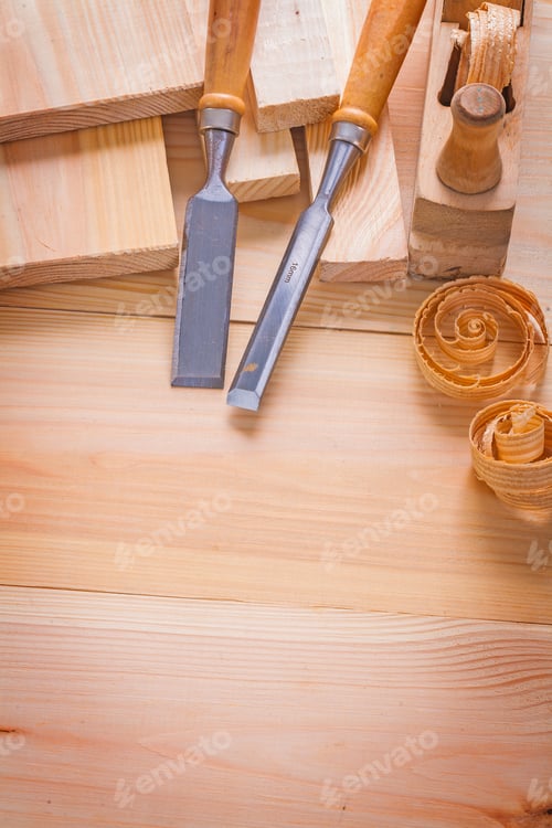 Preview: Copyspace Image Composition Of Woodworking Tools Carpentry Chisels And Plane On Wooden Boards