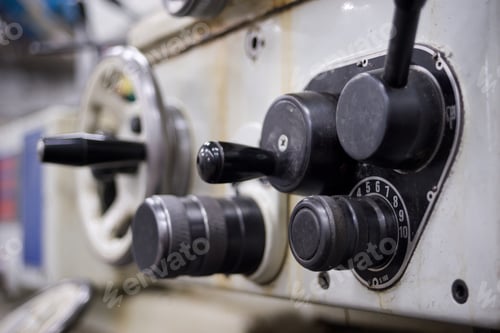 Preview: Old Metal Working Machine, Retro Lathe On Background.