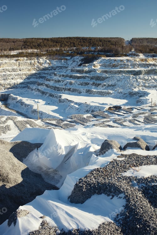 Preview: Stone Quarry Covered With Snow In A Winter Sunny Day.
