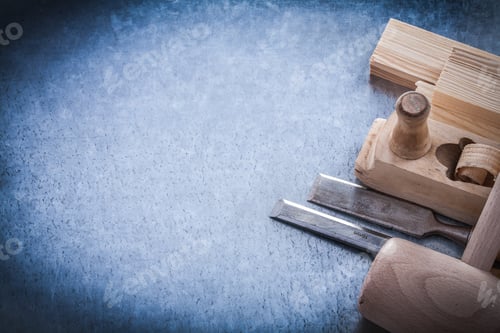 Preview: Wooden Planer Hammer Bricks Firmer Chisels On Metallic Background Copyspace.