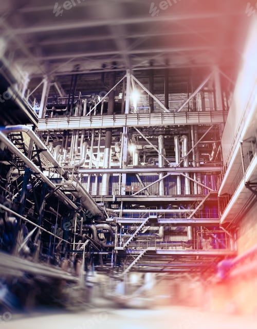 Preview: Industrial Factory. Various Mechanisms And Metal Pipes. Toned Image. Motion Blur Effect.