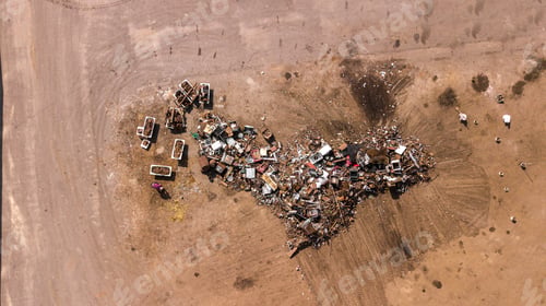 Preview: Aerial View Of Scrapyard. Ecological Recycling Iron And Metal Materials From Drone View. Background