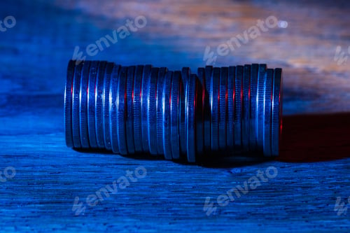 Preview: Coins. Abstract Background Of Street Cyber Neon Colors In Dark Or Low Key.