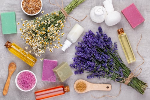Preview: Essential Oil And Lavender, Chamomile Sea Salt, Spa, With Flowers Top View.