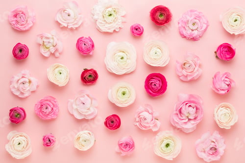 Preview: Beautiful Colored Ranunculus Flowers On A Pink Background. Spring Greeting Card.