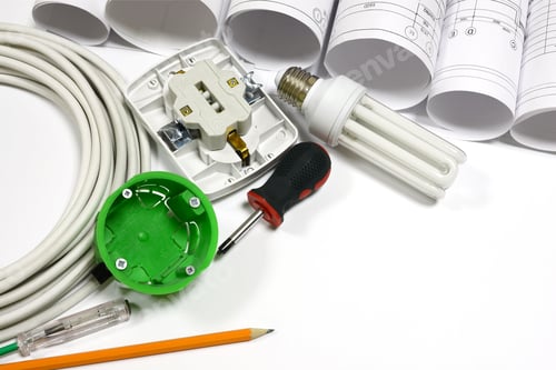 Preview: Drawing Rolls, Wall Socket, Socket Box, Power Cable, Screwdriver, Lamp, Test Pen And Pencil On