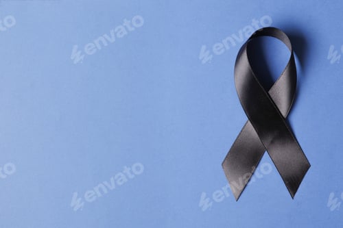 Preview: Black Ribbon On A Blue Background. Mourning. Sorrow.