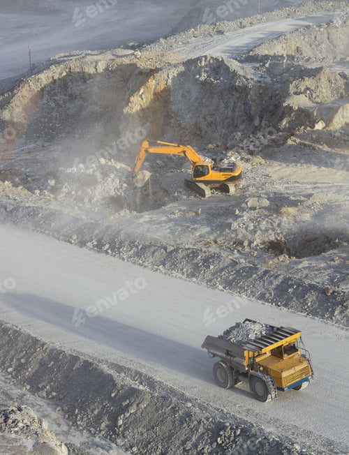 Preview: Mining Dump Truck And Excavator In A Stone Quarry, Panorama.
