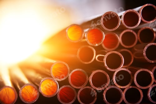 Preview: Many Copper Pipes, Warehouse Copper Plates. Close Up